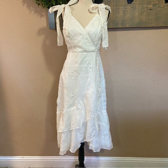 NWOT Lulus Elegant Direction Ivory Embroidered Ruffled Tie-Strap Midi Dr… - Picture 5 of 15